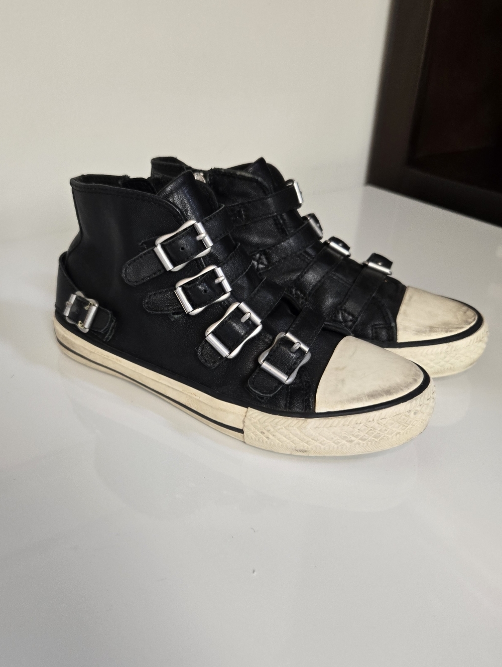 Ash Kids Black Leather Buckle Sneakers with White Toe Caps